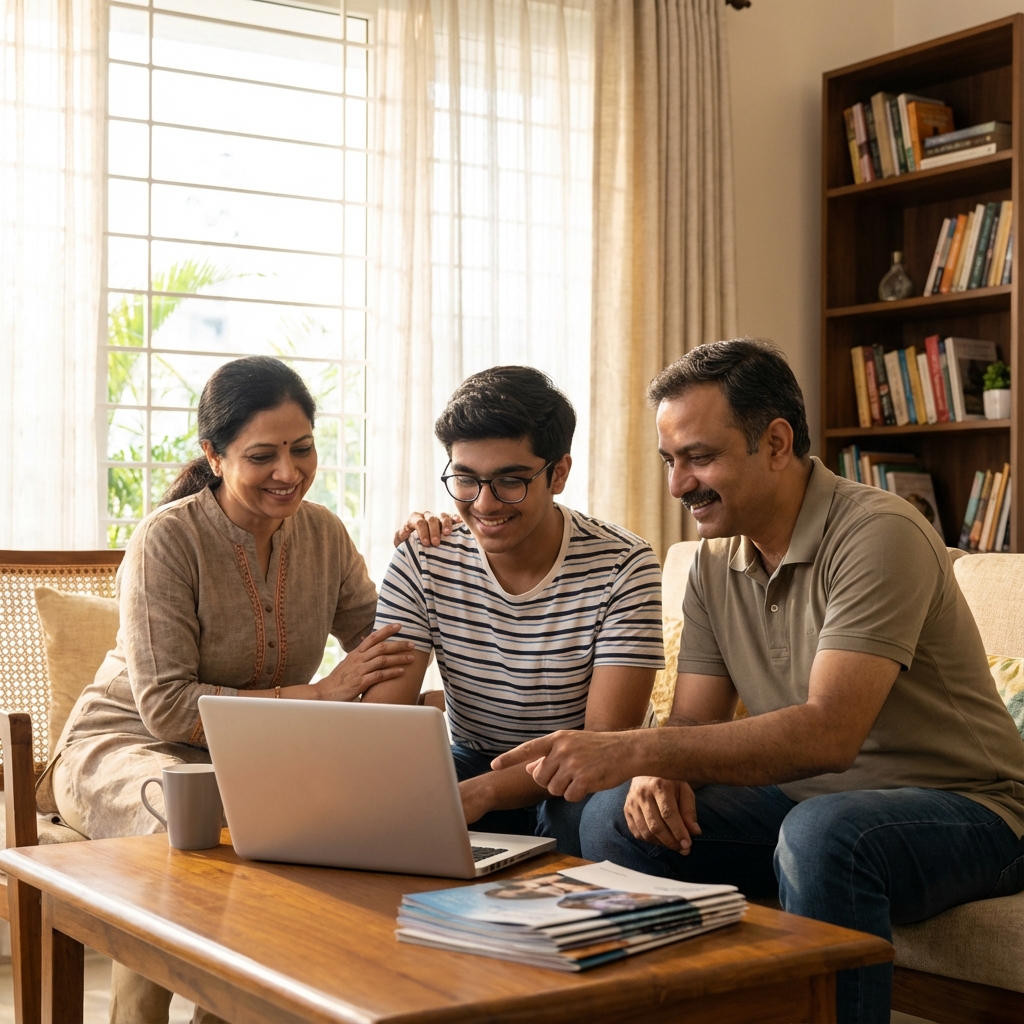 Happy student and parents making career decision